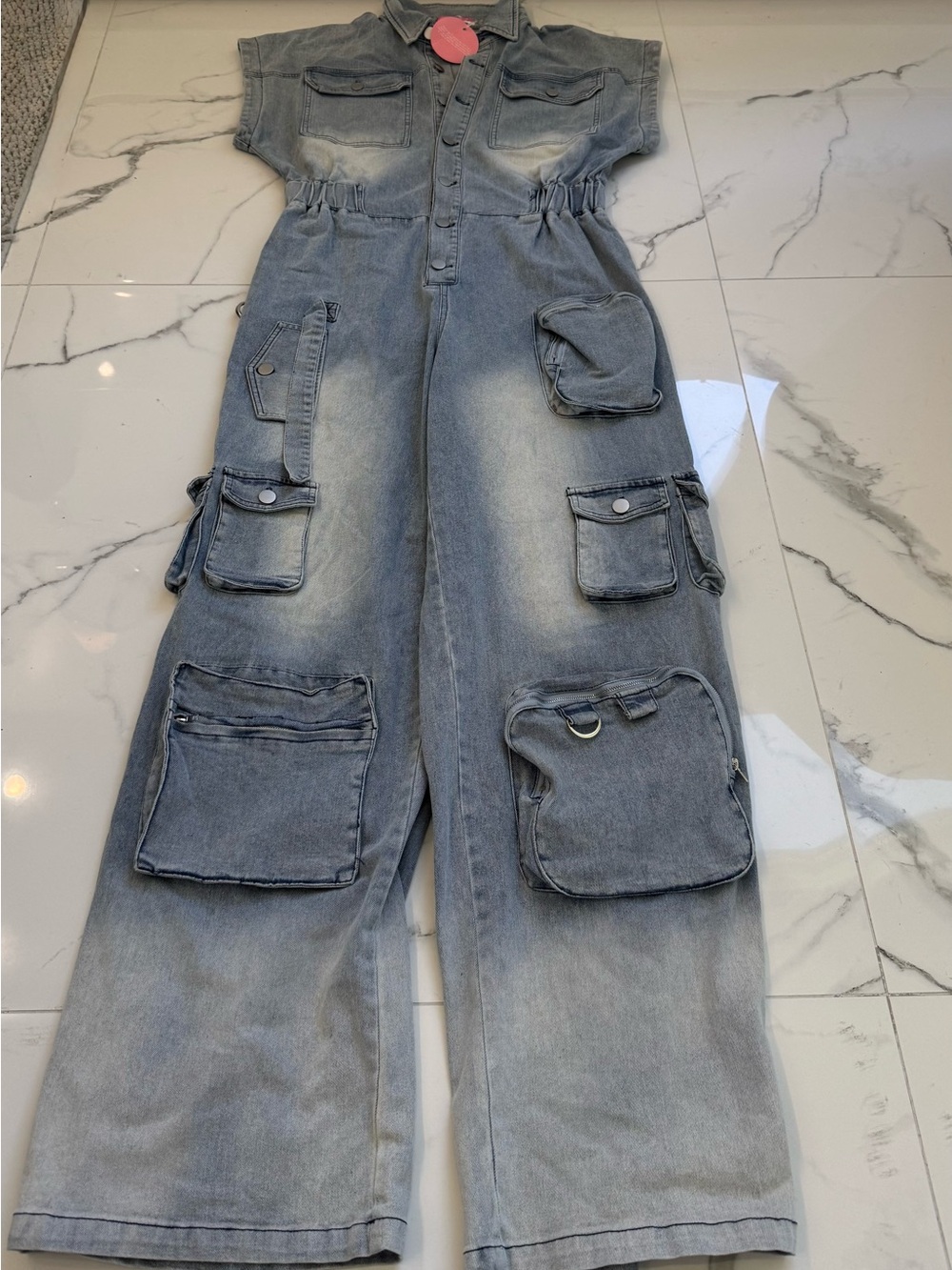NWT Lilly's Kloset Washed Denim Multi-Pocket Cargo Utility Jumpsuit - Size M